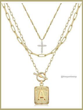 14K Gold Plated Brass Initial Pendant Layered Chain Necklace Set
